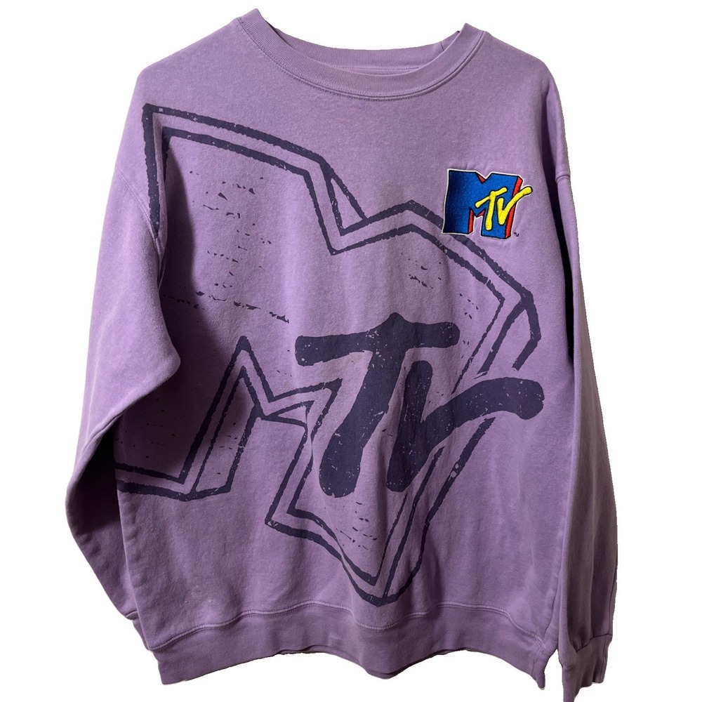 MTV Unisex Embroidered Logo Crewneck Sweatshirt XL Purple Graphic Print Viacom